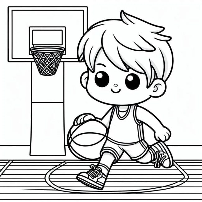 Tô màu Bé Trai Tập Bóng Rổ dễ thương cho bé
