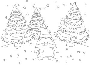 Tô màu Chim Cánh Cụt và Cây Thông cho bé tập tô