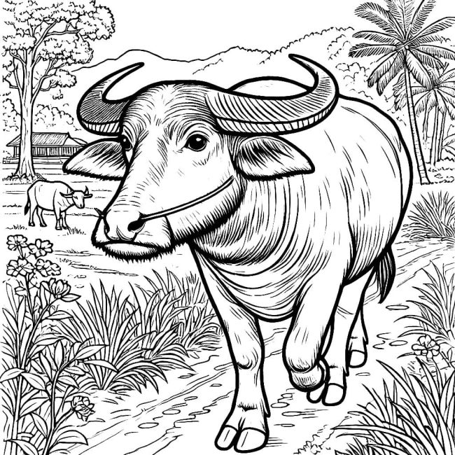 Tô màu Con Trâu Đi Trên Đường Mòn cho bé tập tô