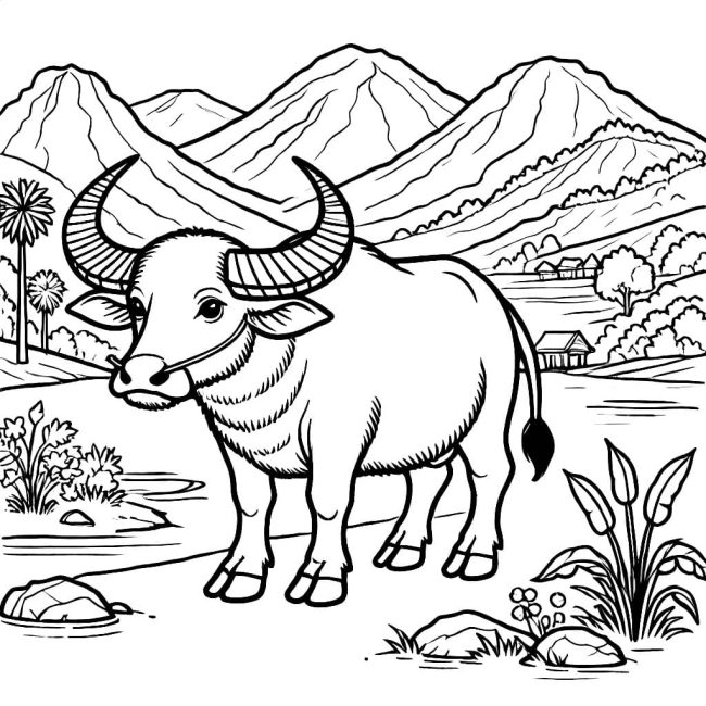 Tô màu Con Trâu Trên Núi Cao cho bé tập tô