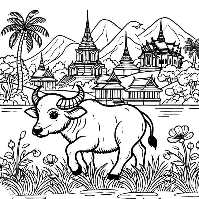 Tô màu Con Trâu Và Ngôi Chùa cho bé tập tô