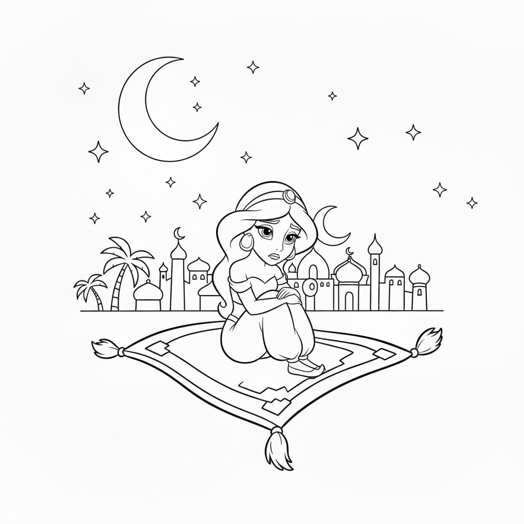 Tô màu Công Chú Jasmine Đang Bay Trên Thảm Bay 1 Tô màu Công Chú Jasmine Đang Bay Trên Thảm Bay dễ thương cho bé