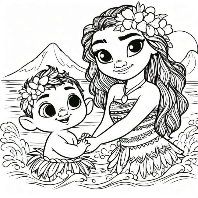 Tô màu Moana Và Cậu Bé cho bé tập tô