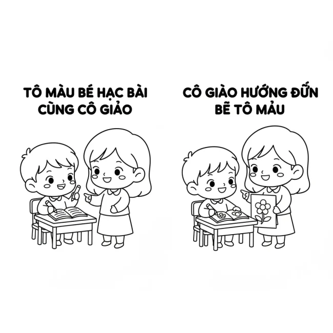 Cô giáo hướng dẫn bé tô màu