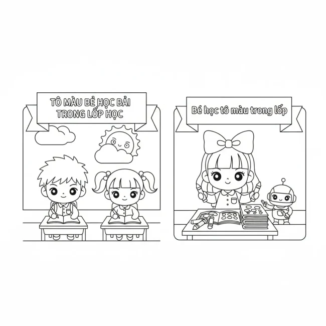 Bé học tô màu trong lớp