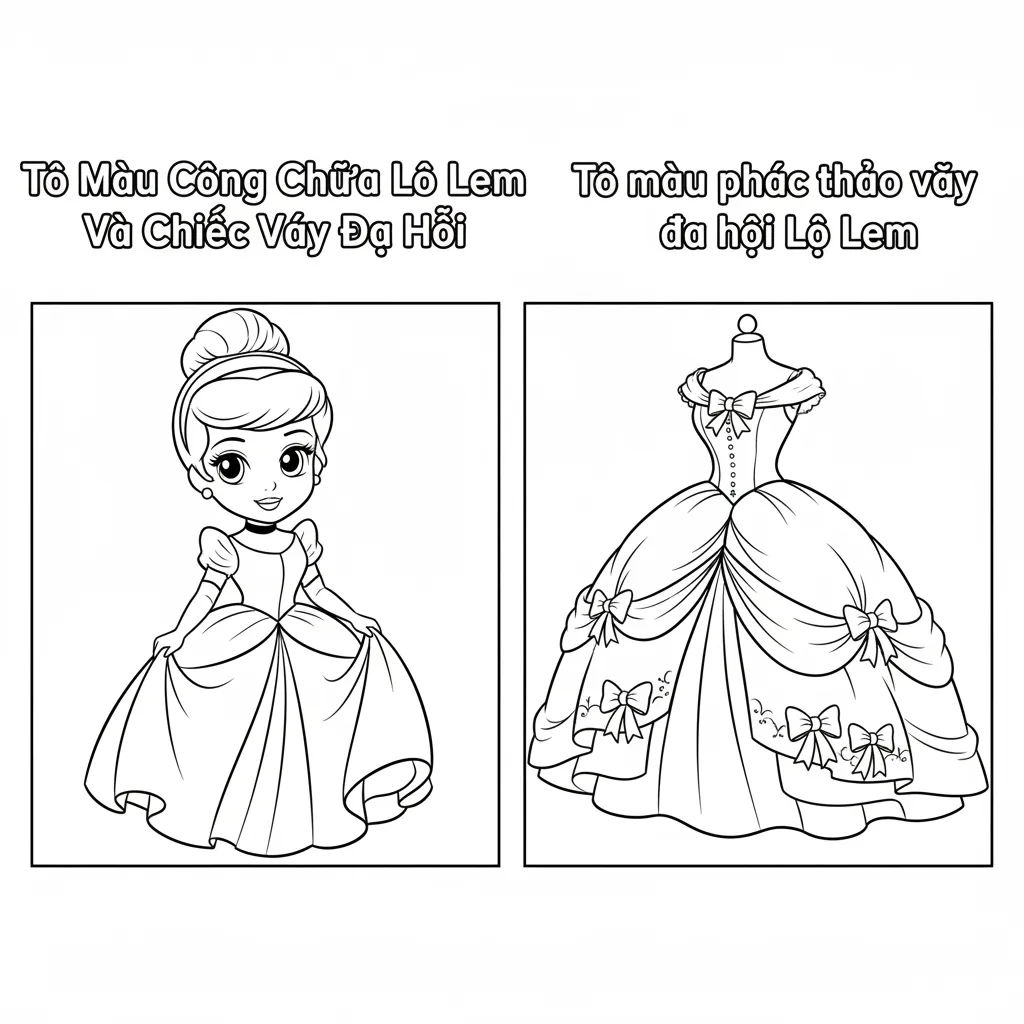Tô màu phác thảo váy dạ hội Lọ Lem