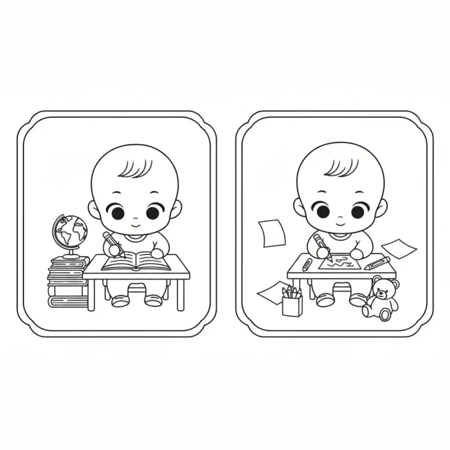 Tranh tô màu em bé ngồi học bài