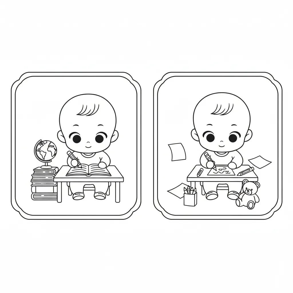 Tranh tô màu em bé ngồi học bài