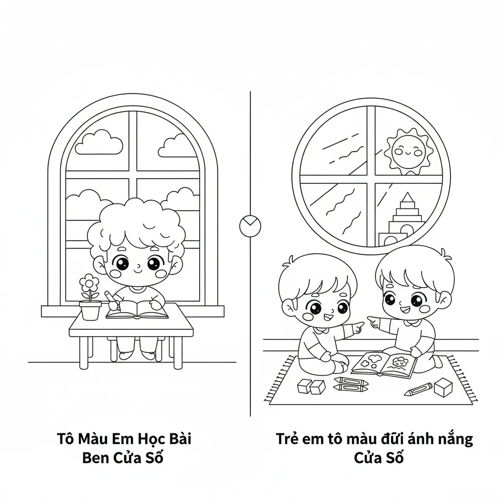 Trẻ em tô màu dưới ánh nắng cửa sổ