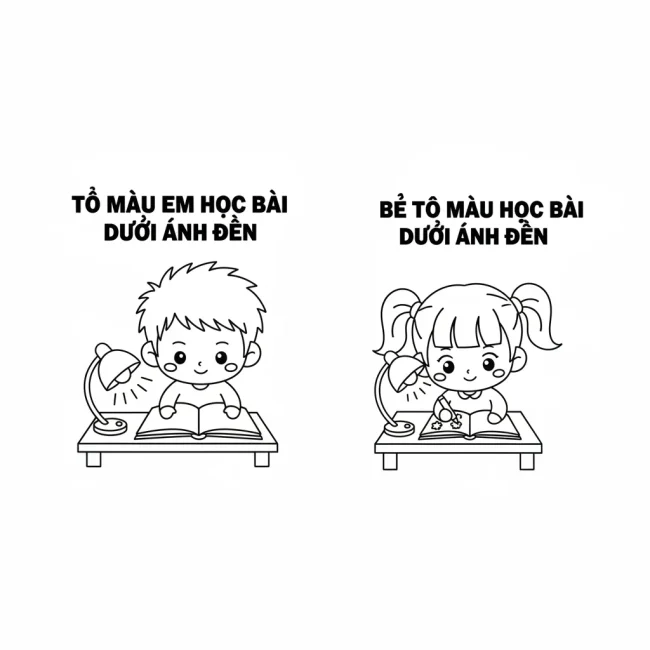 Bé tô màu học bài dưới ánh đèn