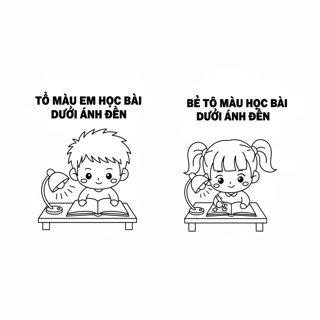Bé tô màu học bài dưới ánh đèn