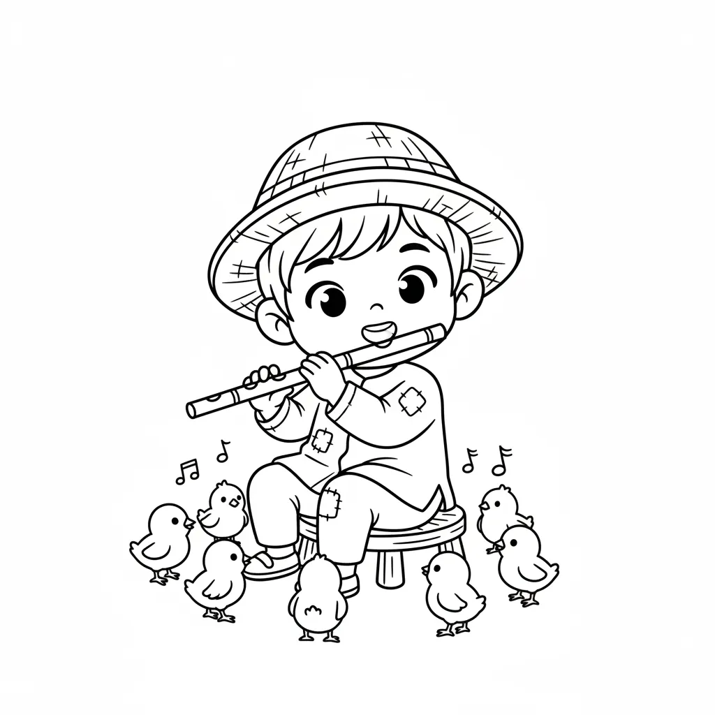 Mục đồng nhí thổi sáo cùng gà con