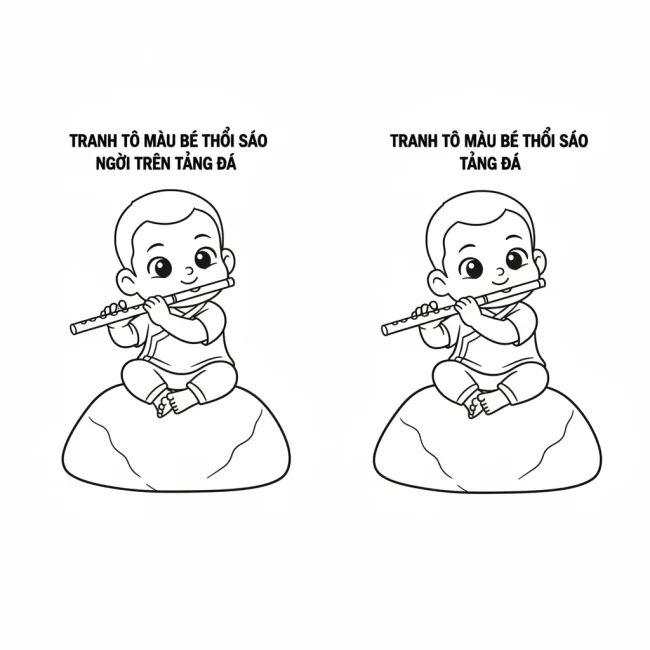 Tranh tô màu bé thổi sáo tảng đá