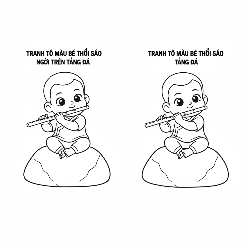 Tranh tô màu bé thổi sáo tảng đá