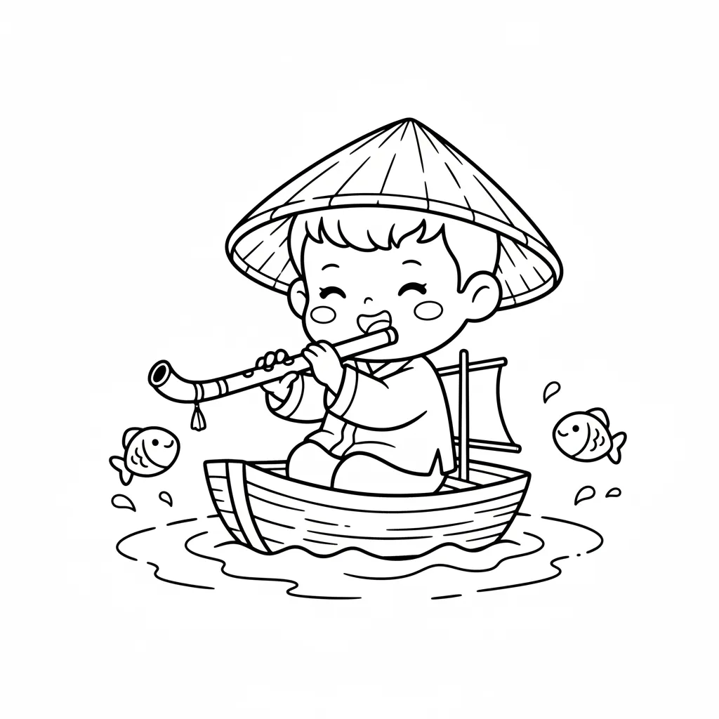 Bé thổi sáo trên thuyền