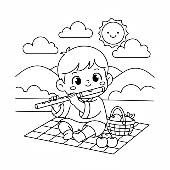 Tranh tô màu bé thổi sáo dã ngoại