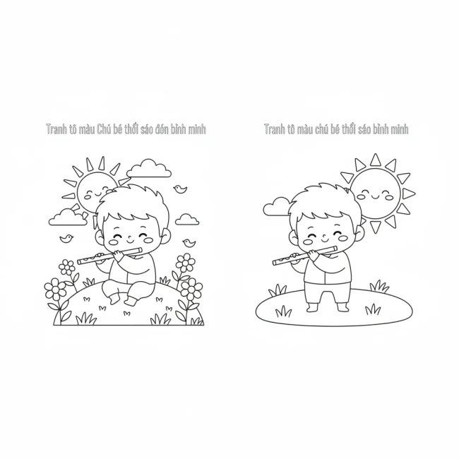 Tranh tô màu chú bé thổi sáo bình minh