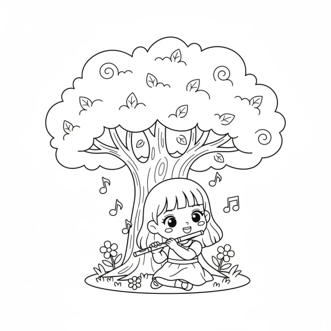 Cô bé thổi sáo dưới tán cây tranh tô màu