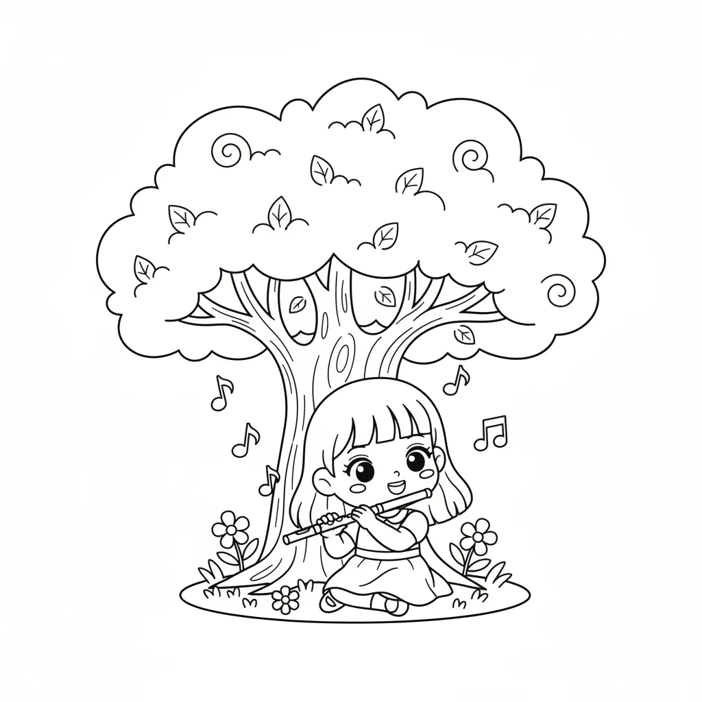 Cô bé thổi sáo dưới tán cây tranh tô màu