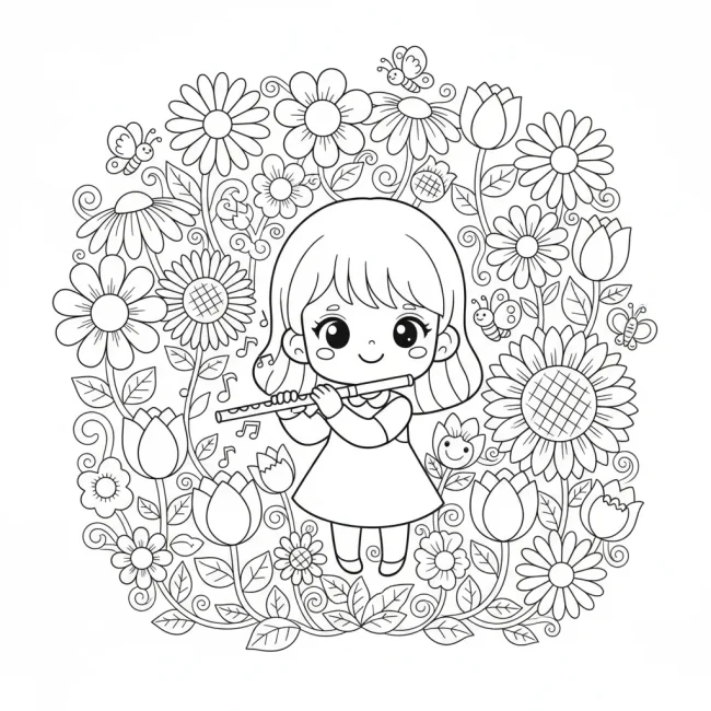 Tranh tô màu cô bé thổi sáo vườn hoa