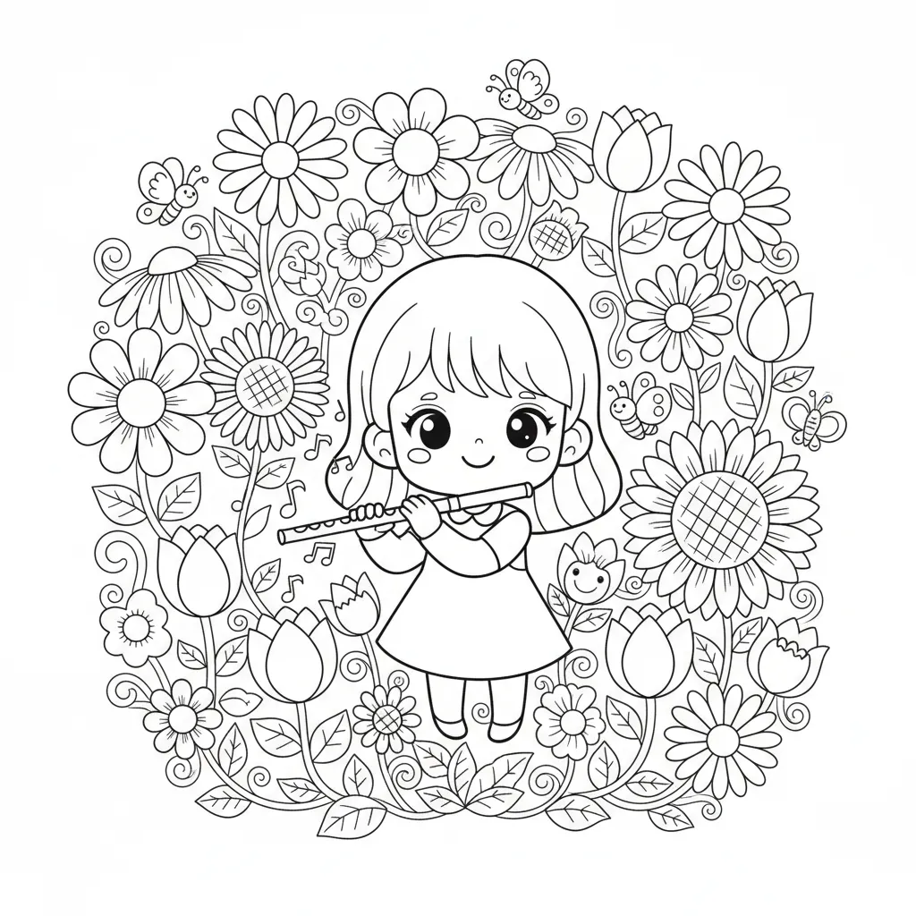 Tranh tô màu cô bé thổi sáo vườn hoa