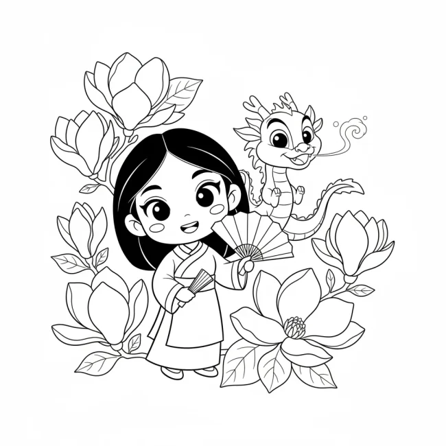 Tranh Tô Màu Hoa Mộc Lan Và Rồng Mushu