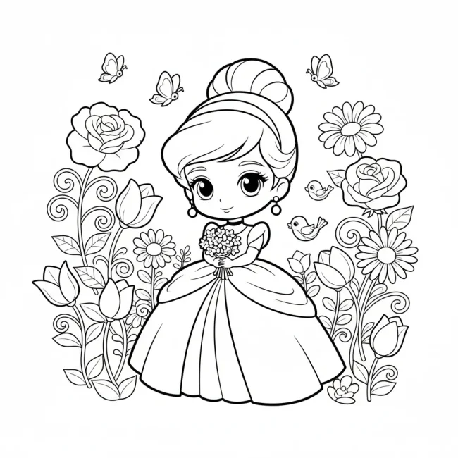 Tranh tô màu Lọ Lem vườn hoa