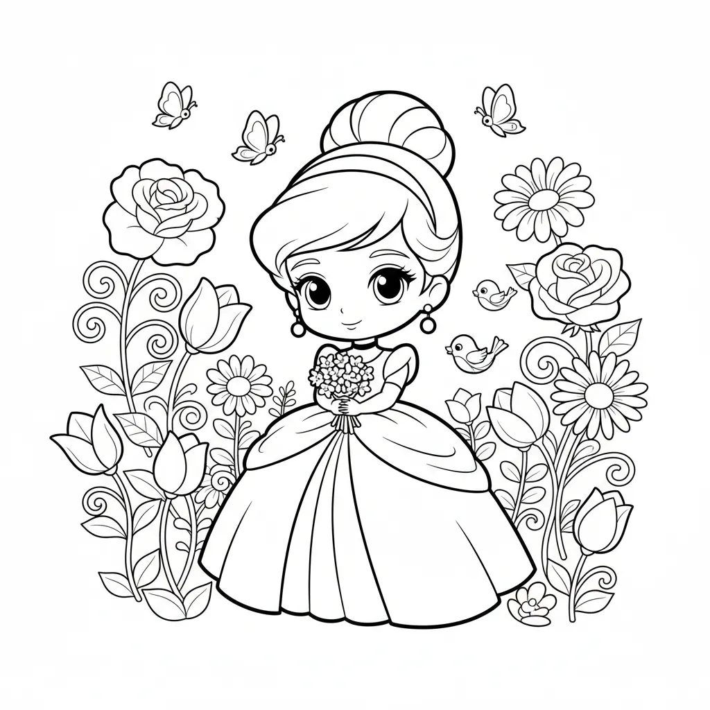 Tranh tô màu Lọ Lem vườn hoa