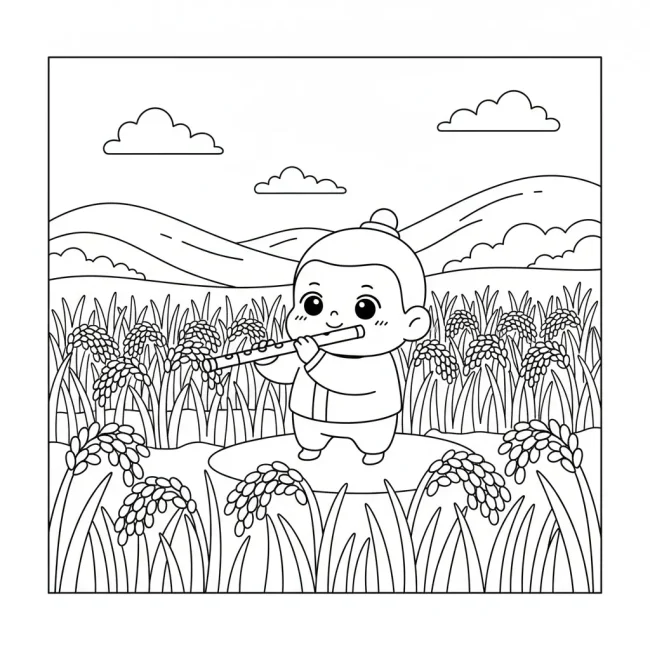 Tranh tô màu người thổi sáo đồng lúa vàng