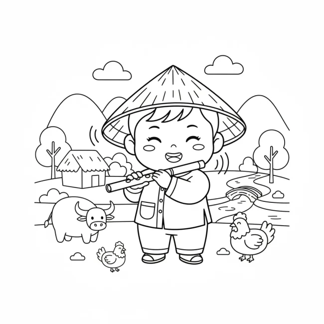 Tranh tô màu người thổi sáo làng quê