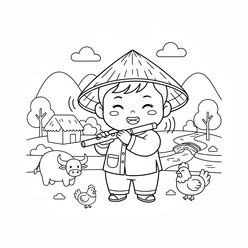 Tranh tô màu người thổi sáo làng quê